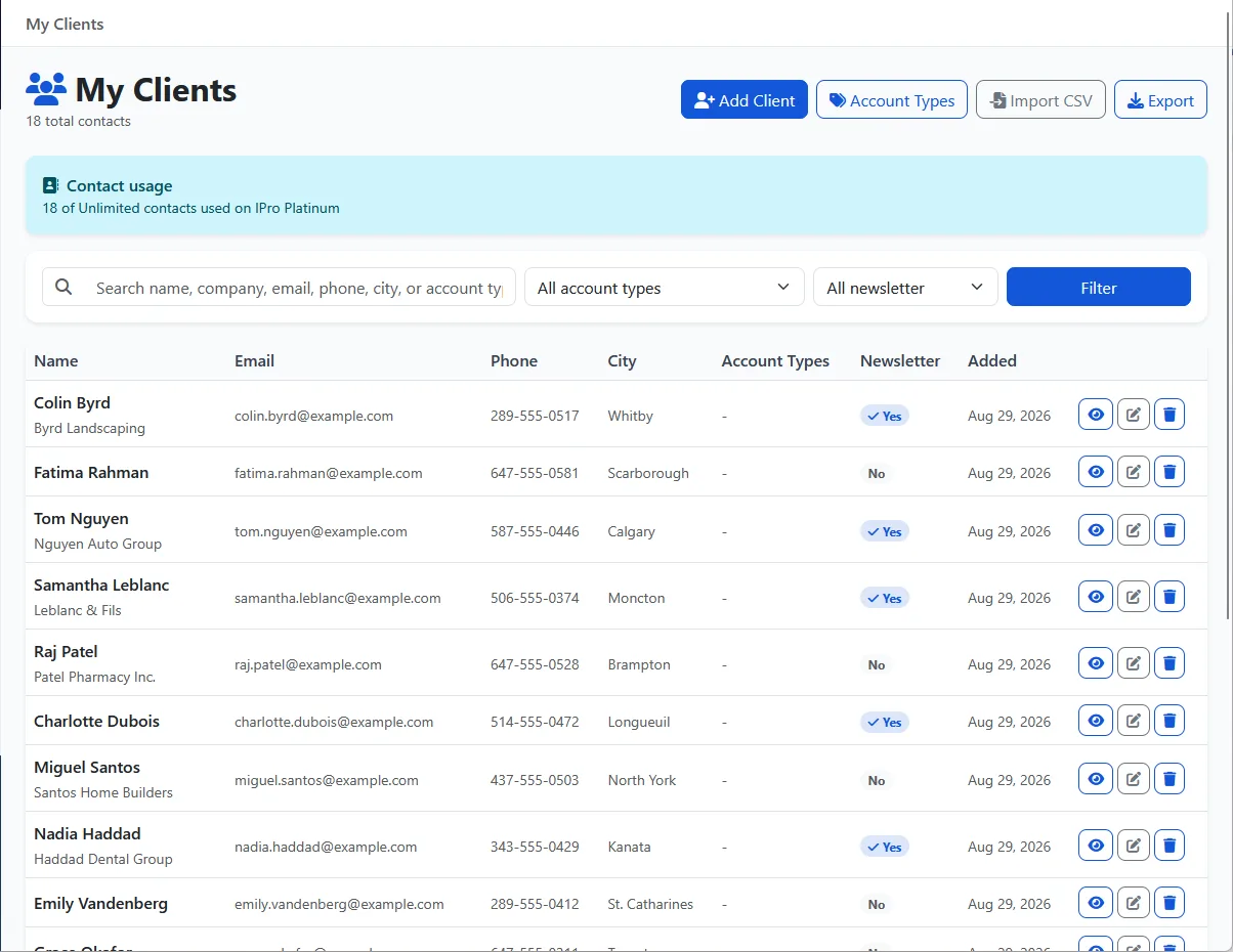 The client list: searchable contacts with newsletter status, CSV import and export