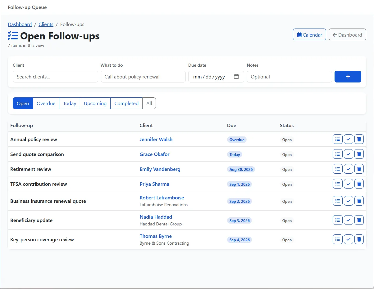 The follow-up queue: overdue, due-today and upcoming reminders per client