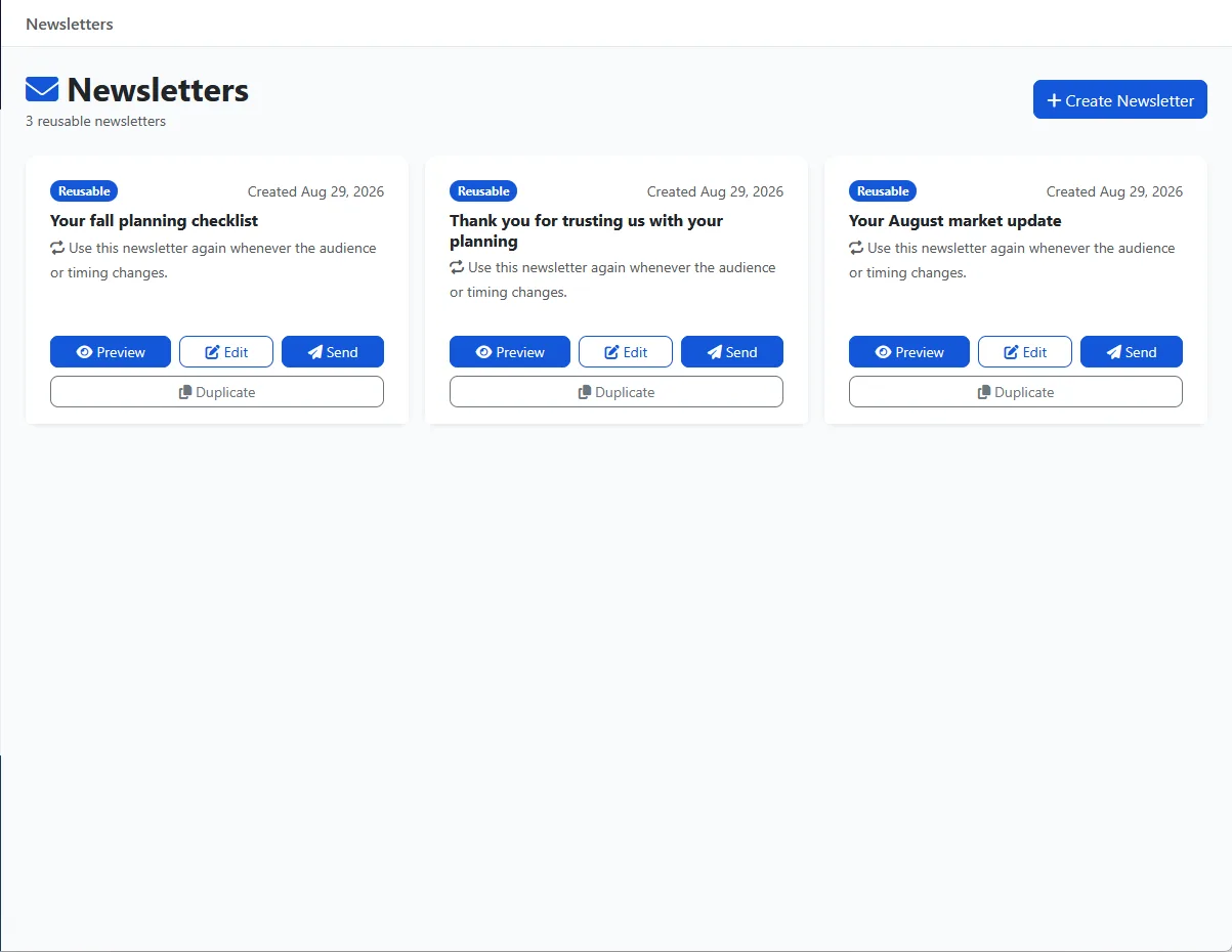 Reusable newsletters ready to preview, edit and send