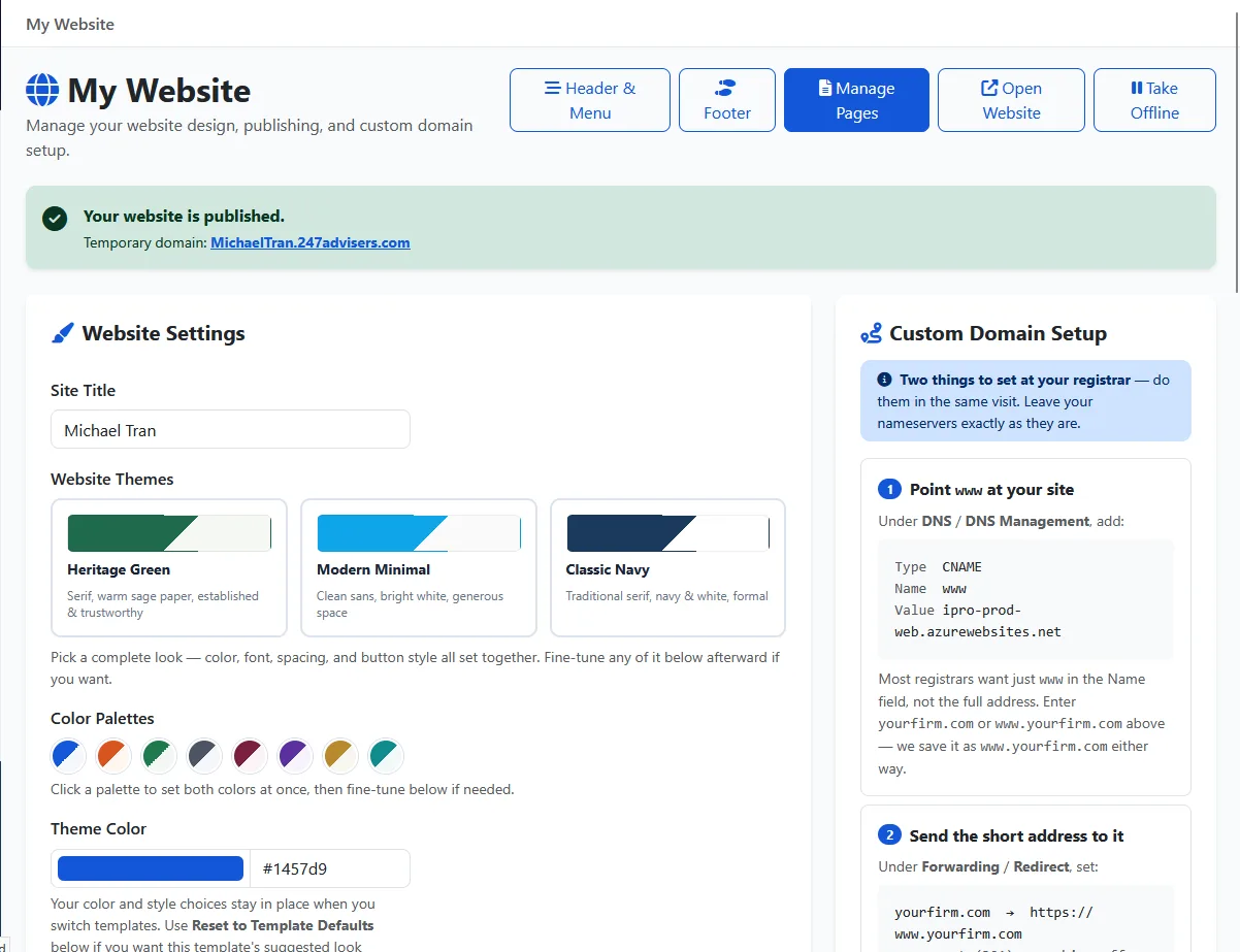 Website settings: publish state, your address, themes and custom-domain setup