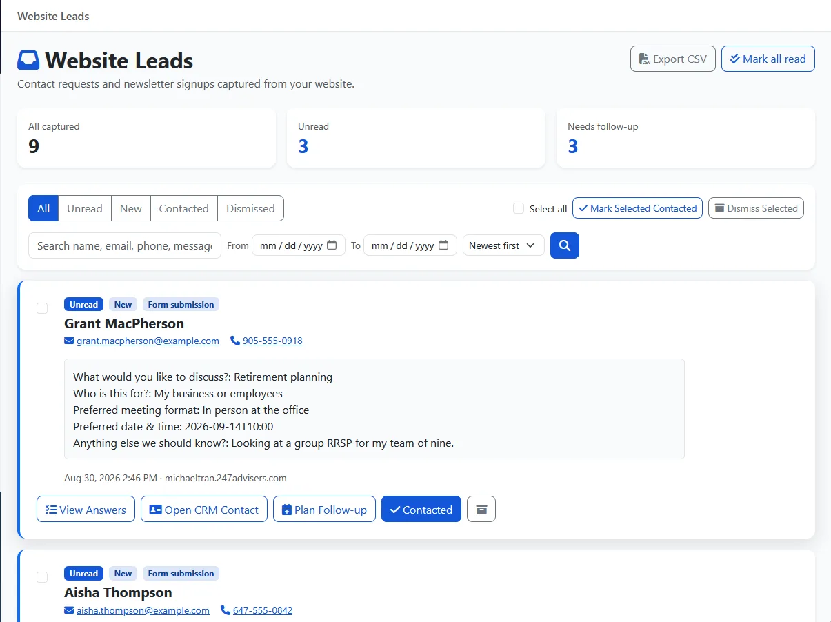 The website lead inbox: form submissions with one-click CRM and follow-up actions